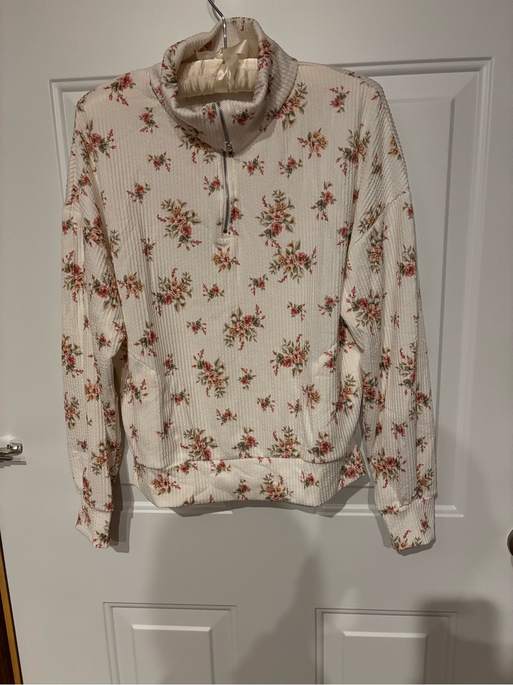 Floral Half-Zip Turtleneck Sweater - Cream with Pink Rose Print. Bonbon